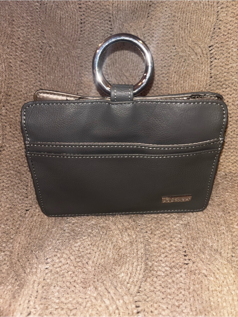 Gray Leather Pouchee Wristlet Wallet Purse Organizer w/ Ring Handle Pockets